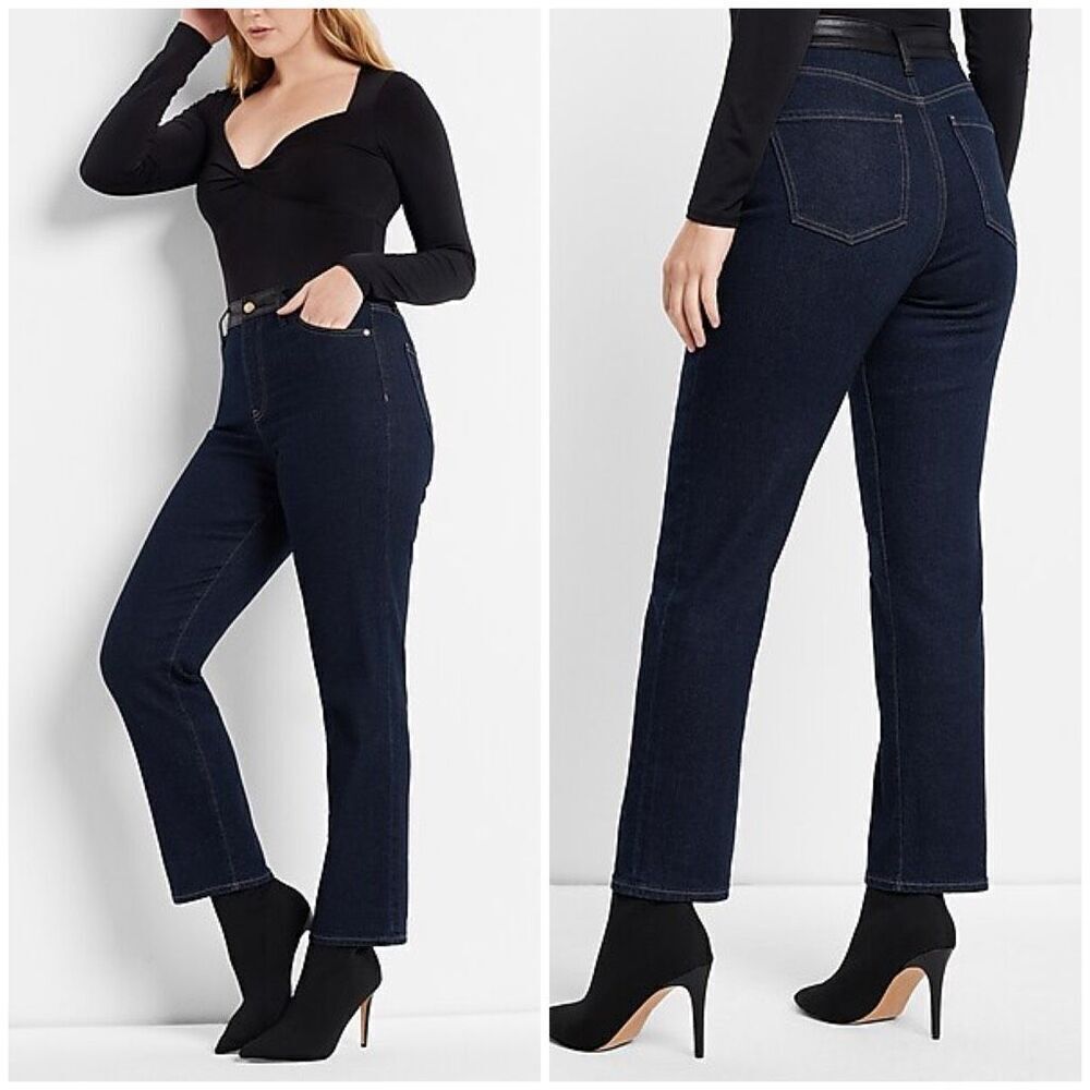 Express High Waisted Faux Leather Waistband Rinse Straight Ankle Jeans - 2R